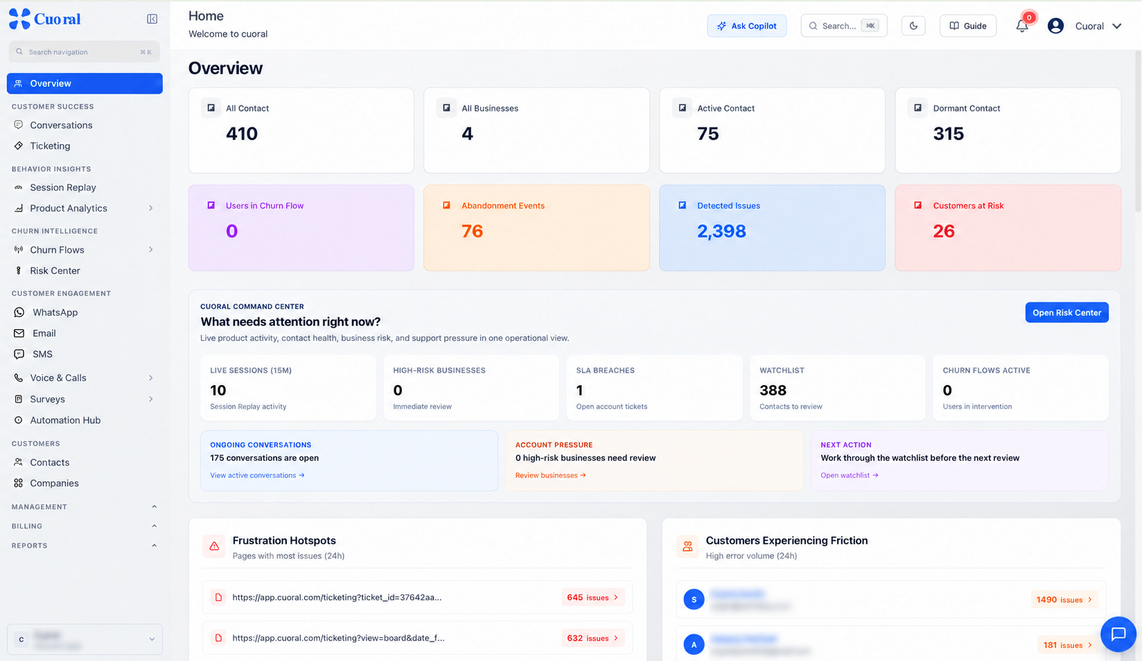 Cuoral customer conversation dashboard with shared inbox, messaging channels, and team workspace